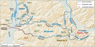 Схема укрепленной позиции на р. Кумберленд из фортов Генри, Донельсон и отдельных укрепленных позиций и батарей...