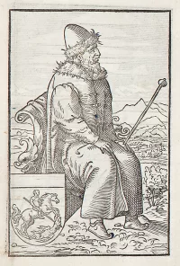 Царь Иоанн IV Грозный. Гравюра. Herberstein, Sigmund von (1486–1566). Comentari della Moscovia. Et parimente della Russia, et delle altre cose belle et notabili… – In Venetia: M.D L [1550]. Герберштейн Сигизмунд. Записки о Московии… Пергамен, картон, бумага: типографская печать, гравюра, акварель. ГИМ