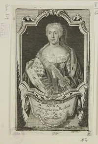 Портрет Анны Леопольдовны, гравюра. Каравакк Луи (автор оригинала), Зизанг Иоганн Кристоф (гравер). Германия, около 1740 г. Бумага, офорт, резец, пунктир, 160х100, поля обрезаны мм. ФГБУК "Государственный музей изобразительных искусств им. А.С. Пушкина"