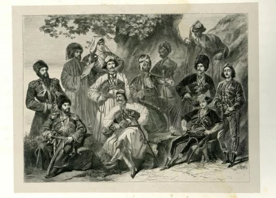 Альбом описания коронации Государя Императора Александра II. Пизан A. Изображение двенадцати делегатов от различных народностей России, в национальных костюмах, прибывших в Москву на коронацию 1856 г.