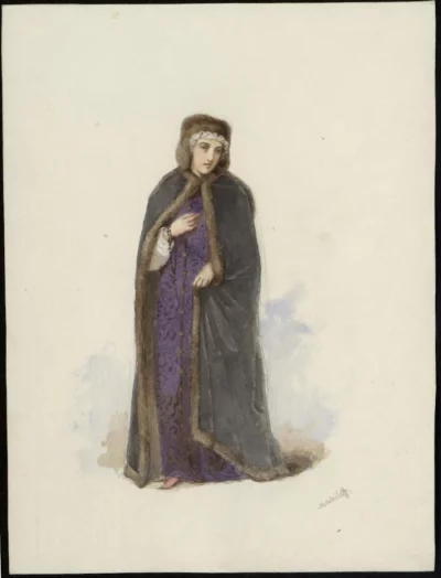 Княгиня Соломония, вдова Василия Темного. Иллюстрация к драме Н.А.Полевого «Елена Глинская». Башилов М. Российская империя, XIX век. Бумага, акварель, карандаш, 27,5х20,5 см. ГИМ