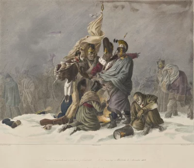 Между Дорогобужем и Михайловкой. 26 октября (7 ноября) 1812 года 1831-1843 гг. Эммингер, Маркус-Эберхард. 1808-1885. Автор оригинала: Фабер дю Фор, Христиан Вильгельм фон. 1780-1857. 1831-1843 гг. Бумага, литография, акварель, 38х50 см. ГЭ