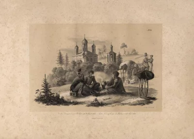 Между Дорогобужем и Славково, 27 августа 1812 г. Эммингер, Маркус-Эберхард. 1808-1885; Баумейстер, И. работал в 1830-е гг. Инвентор: Фабер дю Фор, Христиан Вильгельм фон. 1780-1857. Германия, 1831-1843 гг. Из Blatter aus meinen Portefeuille, im Laufe des Feldzugs 1812. Бумага, литография с двух камней, 403х546 мм. ГЭ