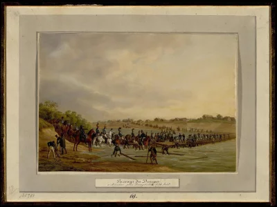 Переправа через Днепр под Дорогобужем 26 августа 1812 г. Адам, Альбрехт (Альберт). 1786-1862. Германия, 1815-1816 гг. Картон, масло, 21х30 см; 37,5х48 см (картонного листа). ГЭ