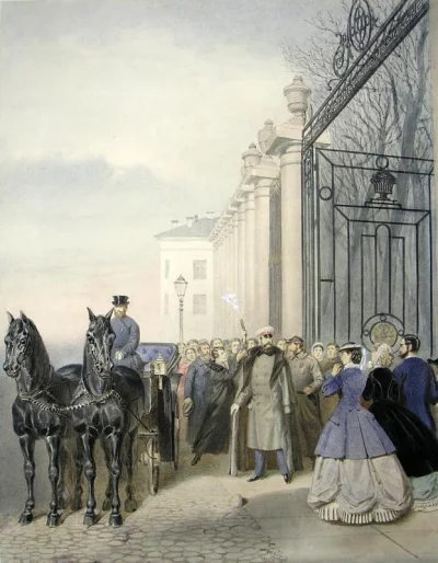Покушение Д.В.Каракозова на Александра II 4 апреля 1866 года у Летнего сада. Рисунок. Гринер, 1866 г. Бумага, акварель, 45х37 см. ФГБУК "Государственный музей политической истории России"