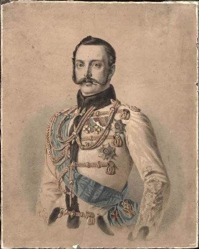 Портрет императора Александра II в мундиреЛейб-Гвардии Уланского ЕГО ВЕЛИЧЕСТВА полка. Середина XIX в. Бумага, литография, акварель, 37х29,5 см. ГИМ