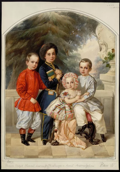 Великие князья Николай Александрович, Александр Александрович (Александр III; 1845-1894), Владимир Александрович, Алексей Александрович, сыновья Александра II. Гау, Владимир Иванович. 1816-1895. Россия, 1851 г. Бумага, акварель, гуашь, 37,5х28 см. ГЭ