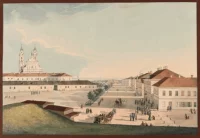 Динабургская крепость, внутренний вид крепости. На первом плане - вал и крыша Александровских ворот, справа - каменный костел коллегии иезуитов, в 1811 - 1828 годах переделанный в православный Крепостной собор во имя Рождества Христова, взорван в 1944 году, слева - Императорская улица, в глубине - Никольские ворота). Подпись автора "А. Мартыновъ 1820.