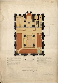 Коронация императора Александра II. План размещения во время коронации в Успенском соборе в Кремле. Проект архитектора Н.И.Чичагова, неизвестный литограф. 1856 г. Коронационный альбом Александра II. Бумага, хромолитография, 59х42,5 см. ГИМ