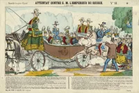 Историческая сцена: покушение Березовского на Александра II в Париже 6 июня 1867 года. Франция, около 1867 г. Неизвестный гравер. Бумага, раскрашенная литография, 262х395 мм. ГЭИсторическая сцена: покушение Березовского на Александра II в Париже 6 июня 1867 года. Франция, около 1867 г. Неизвестный гравер. Бумага, раскрашенная литография, 262х395 мм. ГЭ