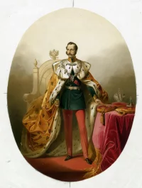 Портрет императора Александра II в коронационном облачении. 1856 г. Российская империя, 1856 г. Бумага, хромолитография, 41х28,3 см. ГИМ
