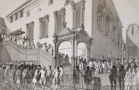 Торжественное шествие Екатерины II под балдахином с Красного крыльца. Альбома «Рисунки, принадлежащие к описанию коронования императрицы Екатерины II 1762 г.». Андрузский Дмитрий Васильевич (1814-1880). Середина XIX в. Бумага, гравюра резцом, 46,5х70,5; 58х80,5 см. ГАБУК Новосибирской обл. "Новосибирский государственный художественный музей"