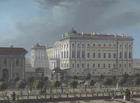 Вид на Аничков дворец со стороны Невского проспекта. Неизвестный художник нач. XIX в. Россия, Санкт-Петербург, 1810-е гг. Картон, гуашь. ГЭ