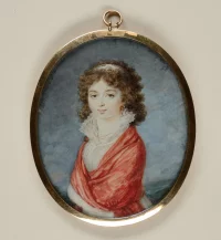 Миниатюра: портрет великой княгини Анны Федоровны. Ритт, Августин-Христиан (1765-1799). Россия, Санкт-Петербург, 1795-1799 гг. Кость, гуашь (в металлической рамке, под стеклом, на обороте - плетение из волос), 10,0х8,5 см (без кольца); миниатюра на обороте: 1,9х1,5 см. ГЭ