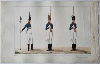 Формы Белозерского мушкетерского полка. Неизвестный художник. Российская империя, начало XIX в. Бумага, акварель, гуашь, бронзовая краска, тушь, перо, 26,5х41,5 см. ГИМ