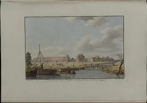 Казармы Белозерского полка на берегах рек Невки и Карповки. Гравер: Тьерри, Жак Этьен, автор рисунка: Руска, Луджи (1762-1822). Около 1810 г. Бумага, гравюра резцом, офорт, акварель, 66х46,5 см. ГЭ