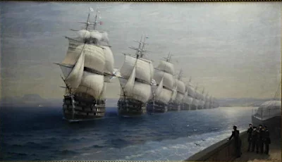 Маневры Черноморского флота в 1850 г. Айвазовский Иван Константинович. Российская Империя, 1886 г. Холст, масло, 135 х 235 см; 151х 252 см. ЦВММ им. императора Петра Великого