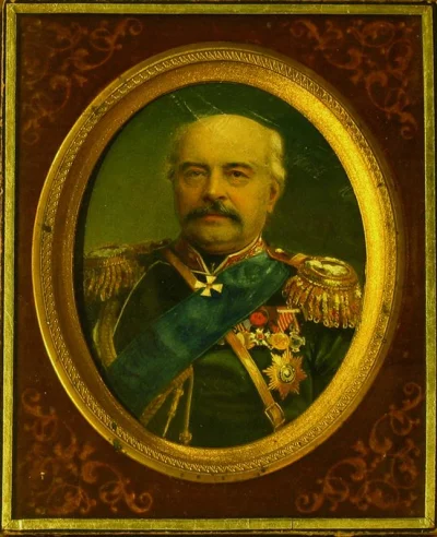 Драгомиров Михаил Иванович, 1830-1905, генерал от инфантерии, генерал-адъютант. Миниатюра. Портрет. Россия, 1890-1901 гг. Картон, металл, бумага, стекло, акварель, 13 х 10,5 см - окантовка, 9 х 7,5 см – овал. Государственный мемориальный музей А.В. Суворова.