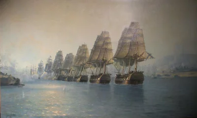 Вход союзной эскадры в Наваринскую бухту 8 октября 1827 г.  Блинов Леонид Демьянович (Художник), Айвазовский Иван Константинович (Копия с картины художника). Российская Империя, 1888 г. Холст, масло, 93 х 157 см. ЦВММ им. императора Петра Великого