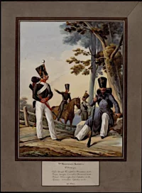 2-ого Пехотного Корпуса. 4-й Дивизии. Об. Оф. Белозерского Пехотного полка... Горнист Ладожкого Егерьского полка. Зауервейд, Александр Иванович, неизвестный гравер. XIX в. Бумага, литография раскрашенная, 43х31 см. ГЭ