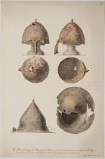 Лист с акварельными рисунками, изображающими два древних железных шишака с разных точек зрения/ Солнцев Федор Григорьевич, 1801-1892. Киев, 1840-е гг. Бумага, графитный карандаш, акварель, тушь, рисунок, 44,9х29,7 см. ГИМ