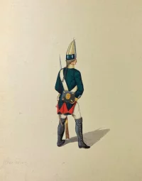 Гренадёр (Гренадер Белозерского мушкетерского полка), из серии «Костюмы вооруженных войск Суворова кампании 1799 года». Неизвестный художник. Россия, начало XIX в. Бумага, акварель, 28,0x22,0 см. Самарский областной художественный музей