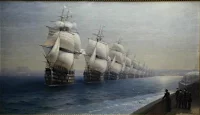 Маневры Черноморского флота в 1850 г. Айвазовский Иван Константинович. Российская Империя, 1886 г. Холст, масло, 135 х 235 см; 151х 252 см. ЦВММ им. императора Петра Великого