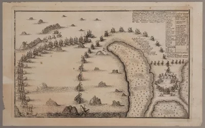 План сражения при Гангуте 9 августа 1714 года (План с прешпектом о бывшей акции между российским флотом под командованием адмирала Федора Матвеевича Апраксина и шведским флотом под командованием вице-адмирала Густава Ваттранга). Зубов, Иван Федорович (1667 - 1745), 1714 - 1720-е гг. Бумага верже, офорт, 24,8х39,8 см. ГИМ