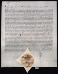 Патент императора Петра I генерал-адмиралу и президенту Адмиралтейств-коллегии Федору Матвеевичу Апраксину на чин действительного тайного советника и орден св. апостола Андрея Первозванного, подписан Петром I. Россия, г. Москва, май 1722 г. Пергамен, бумага, чернила, воск, рукопись, подпись - автограф, прикладная красновосковая печать под бумажной кустодией, 55,4х43,7 см. ГИМ