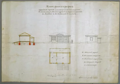 План, фасады и разрез трубных сараев в отделениях Владимирской пожарной команды за Лыбедью и в Солдатской слободе. 1860-е гг.  Артлебен Николай Андреевич, 1827-1882. Бумага - ватман, перо, акварель, 28х39,5 см. ГИМ