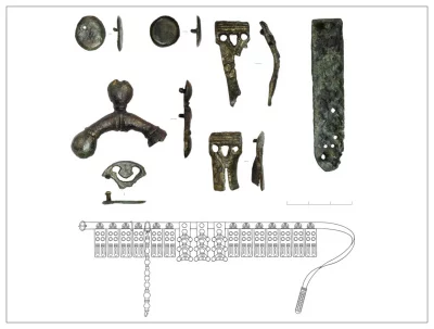 Сверху: детали неволинской поясной гарнитуры из могильника Шелебово. Внизу: реконструкция неволинского пояса