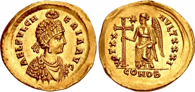 Солид Императрицы Пульхерии. Константинопольский монетный двор, 10-е отделение.  423-429 гг.