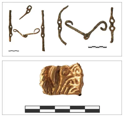Вверху: железные удила, псалии, налобник с крючковидным навершием. Снизу: золотая нашивная бляшка с изображением головы и передней лапы тигра