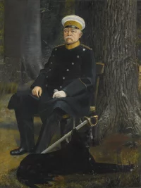 Канцлер Отто фон Бисмарк (Otto von Bismarck, 1815–1898) в форме кирасирского полка с собакой Тирасом II.
