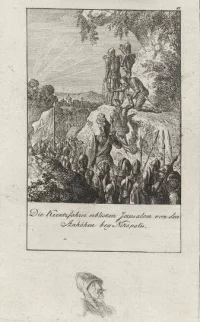 Крестоносцы, стоя на горе, любуются видом Иерусалима. Инвентор: Ходовецкий, Даниэль, Гравер: Ходовецкий, Даниэль Крестоносцы, стоя на горе, любуются видом Иерусалима