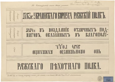 Рисунок орденской Александровская знаменной ленты Ряжского пехотного полка. Знамёна и знаменные принадлежности 70го Ряжского пехотного полка 1911-1917 гг. Папка №171. Изображения знамён и знаменных принадлежностей 18-й Пехотной Дивизии. Литография одноцветная. 24х30 см. ГЭ