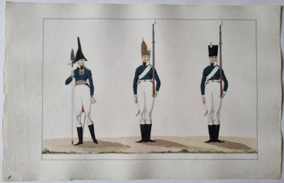 Формы Ряжского мушкетерского полка. Неизвестный художник. Начало XIX в. Неизвестный художник. Российская империя, начало XIX в. Бумага, акварель, гуашь, бронзовая краска, тушь, перо, 26,5х41,5 см. ГИМ