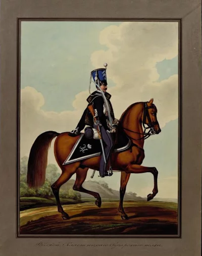 Рядовой Клястицкого Гусарского полка XIX в. Неизвестный гравер. Зауервейд, Александр Иванович (1783-1844) (Художник). Бумага; литография раскрашенная, 51х39,7 см. ГЭ