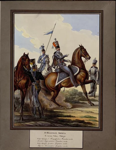 1-го Пехотного корпуса 1-й Легкой Кавалерийской Дивизии Обер-Офицер Санкт-Петербургского Уланского полка; Рядовой Курляндского Уланского полка; Обер-офицер Сумского Гусарского полка; Трубач Клястицкого Гусарского полка 1816-1840 гг. Неизвестный гравер Зауервейд, Александр Иванович (1783-1844) (Художник) Шифляр, Самойло Петрович (1786-1840) (Художник). Бумага; литография раскрашенная. 40х31 см. ГЭ