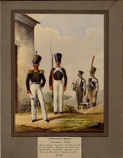 Неизвестный гравер 6 Пехотного корпуса 18-й Пехотной Дивизии. Штаб-Офицер Рязанского Пехотного полка; Унтер-офицер Ряжского пехотного полка; Барабанщик Белевского егерского полка; Горнист Тульского Егерского полка 1816-1840 гг. Неизвестный гравер Зауервейд, Александр Иванович (1783-1844) (Художник) Шифляр, Самойло Петрович (1786-1840) (Художник). Бумага; литография раскрашенная, 40х31 см. ГЭ