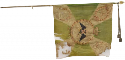 Знамя Ряжского пехотного полка 3 батальона 1833 г. Российская империя, 1833 г. Шелк; масло. Полотнище: 140х140 см; Древко: 333 см; Навершие: 24 см; Подток: 8 см; Скоба: 7 см. ГЭ