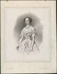 Портрет великой княгини Александры Петровны Романовой (1838 - 1900). Шевалье, Франсуа Фредерик (Francois Frederic Chevalier, 1812-1849?) по оригиналу Владимира Ивановича Гау (1816-1895). Россия, Санкт-Петербург, 1850-е гг. Бумага, литография, 47,4х36,4 см (лист) 34,5х29 см (изобр.). ФГБУК  "Всероссийский музей А.С. Пушкина"