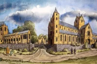 Аббатство, с церковью Святого Петра в конце XV века. Художник Мартин Подд (Martin Podd)