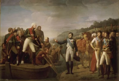 Уже 25 июня 1807 года Наполеон и Александр I вместе с войсками заняли противоположные берега р. Неман, в центре которой расположился специально построенный плот с шикарным павильоном для переговоров. По договорённости, императоры должны были отчалить одновременно, но Наполеон всё равно отплыл чуть раньше. Несмотря на взаимные предубеждения и неприязнь, монархи проявили удивительную любезность и лесть, пытаясь достичь своих целей. Наполеон обоснованно считал себя победителем и стремился уничтожить Пруссию, а Россию сделать младшим союзником Франции на континенте в борьбе с Англией. Александр I же, в свою очередь, хотел максимально сохранить независимость во внешней политике, спасти Пруссию и не допустить возрождения сильной Польши.  В результате переговоров Александр согласился участвовать в любом действии, направленном против Англии. Кроме того, он согласился на создание подконтрольного Парижу Герцогства Варшавского под короной саксонского короля взамен небольших территориальных приобретений и обещания не создавать независимую Польшу. Также Наполеон давал Александру карт-бланш на военные действия против Швеции.