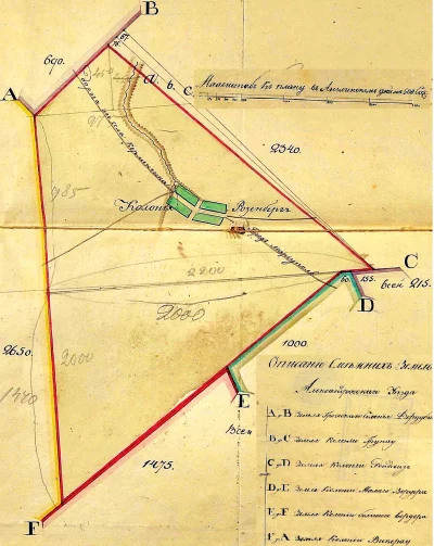 Рис. 5. План колонии Розенберг и ее земельного надела (фрагмент), составленный в 1836 г. землемером коллежским секретарем М. Белокрысовым [219, л. 5].