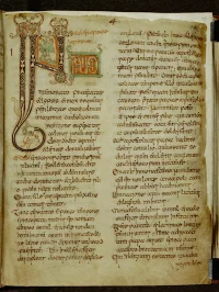 Bede’s description of Hadrian, beginning column 2 line 18, from his Ecclesiastical History of the English People, England (Canterbury?), c. 825: Cotton MS Tiberius C II, f. 94r.