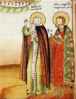 Преподобный Афанасий Высоцкий Старший и князь Владимир Серпуховской. Фрагмент миниатюры вкладной книги Высоцкого Серпуховского монастыря. Москва. 1648 г. СГИХМ
